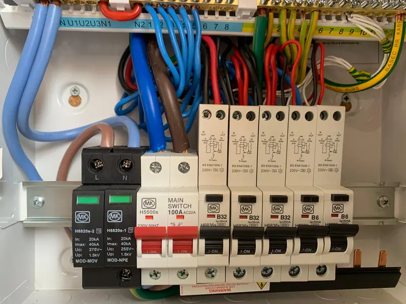 The replacement consumer unit with its cover off: a row of RCBOs, a surge protection device and neatly dressed wiring